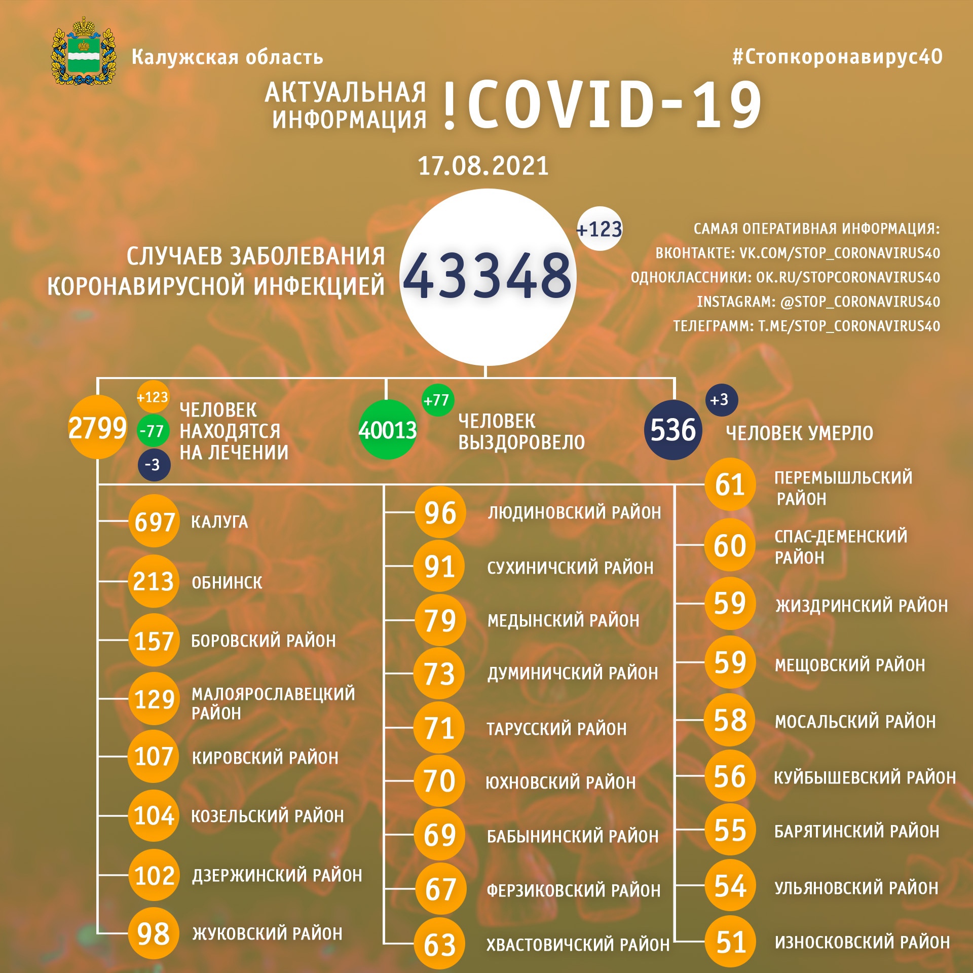 Официальная статистика по коронавирусу в Калужской области на 17 августа 2021 года.
