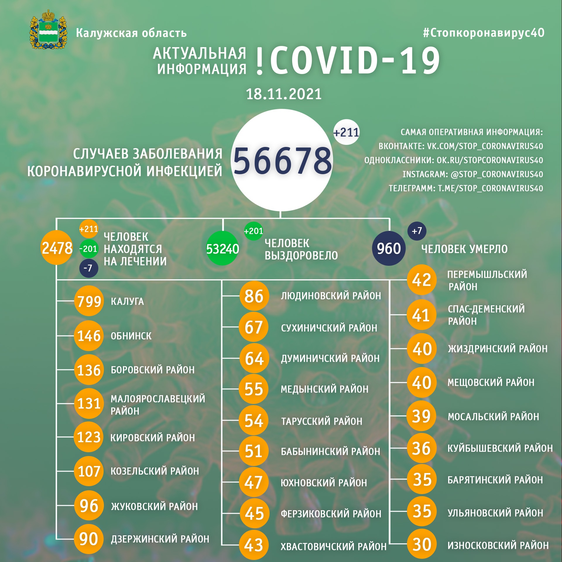 Официальная статистика по коронавирусу в Калужской области на 18 ноября 2021 года.
