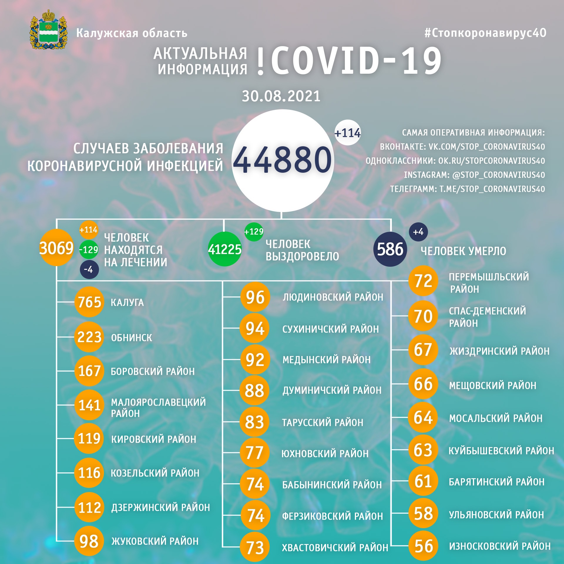 Официальная статистика по коронавирусу в Калужской области на 30 августа 2021 года.