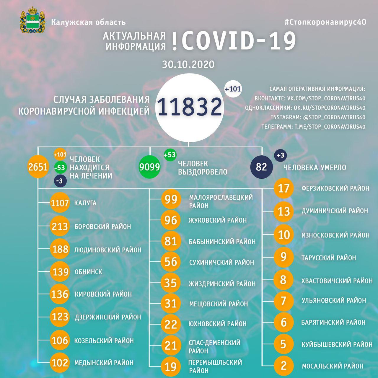 Официальные данные по коронавирусу в Калужской области на 30 октября 2020 года.