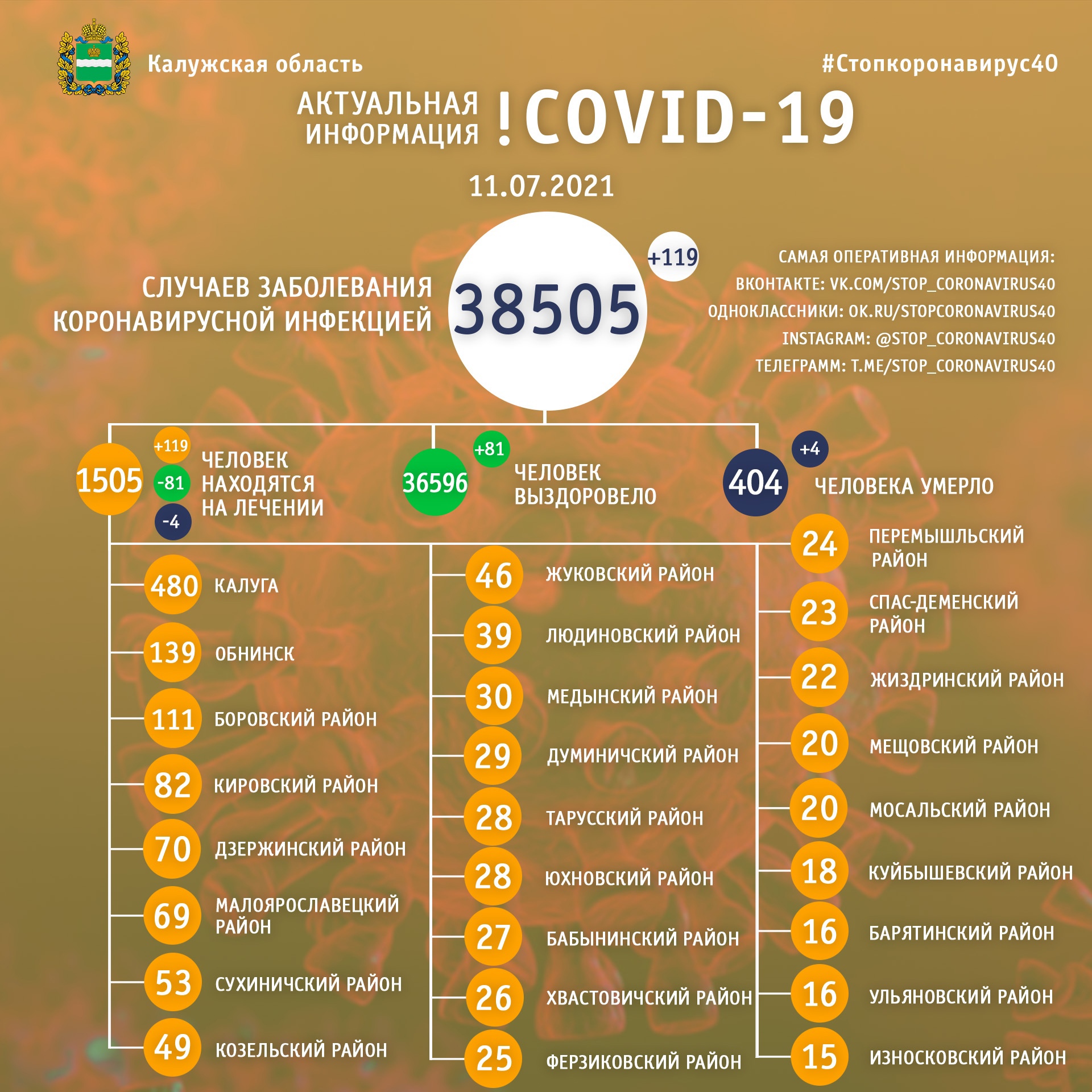 Официальная статистика по коронавирусу в Калужской области на 11 июля 2021 года.