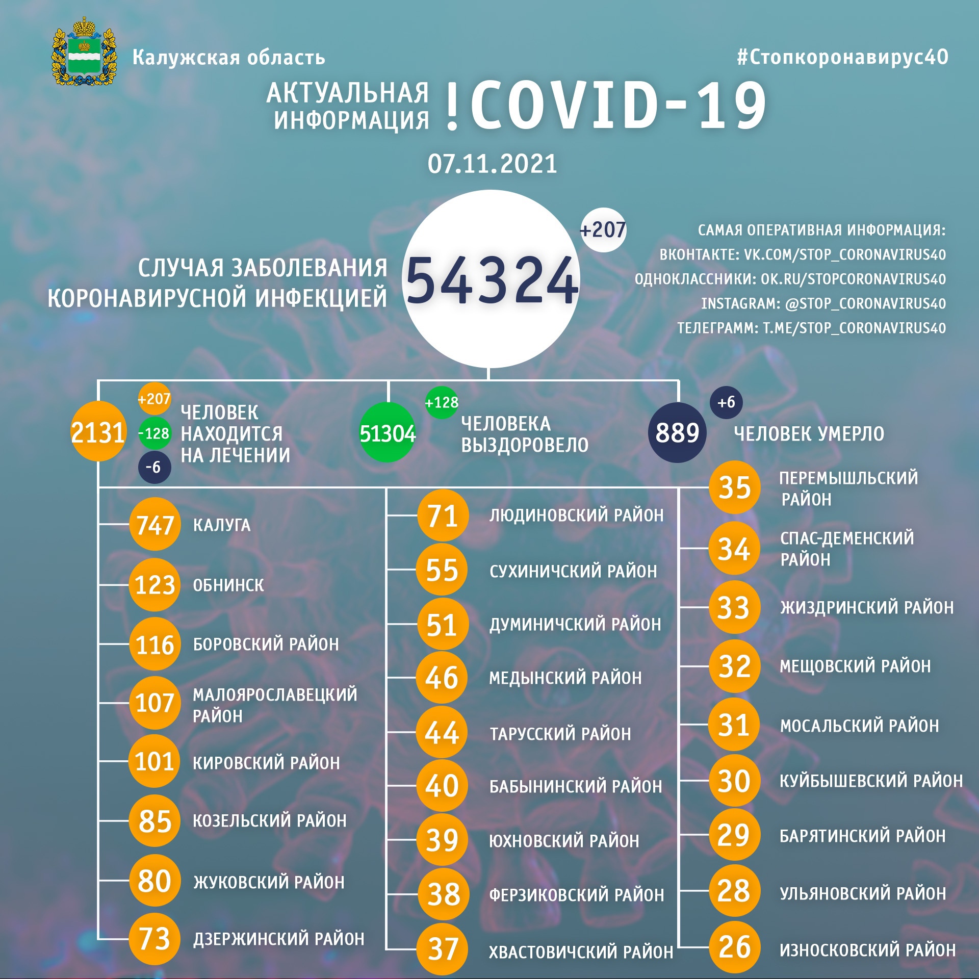 Официальная статистика по коронавирусу в Калужской области на 7 ноября 2021 года.
