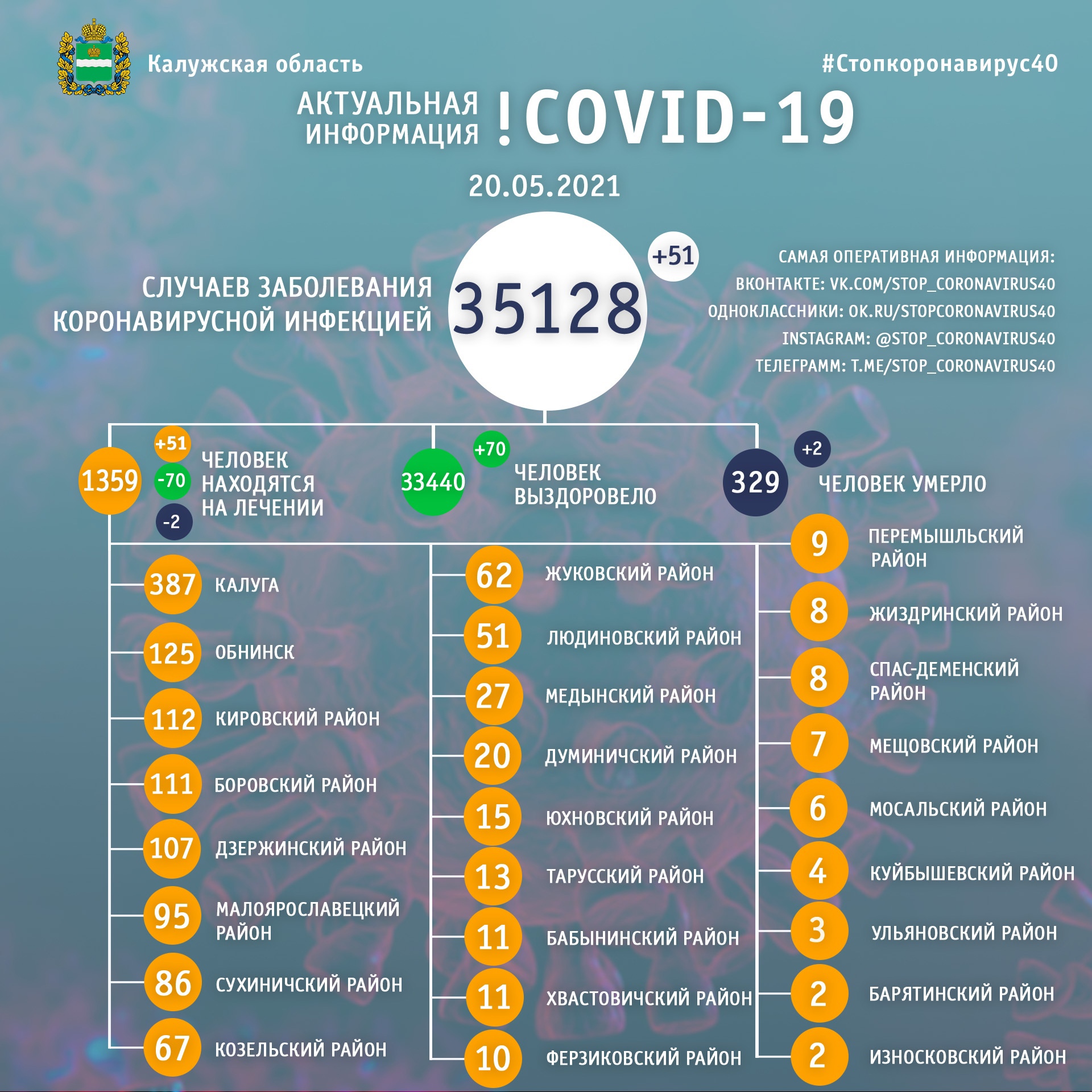 Официальная статистика по коронавирусу в Калужской области на 20 мая 2021 года.