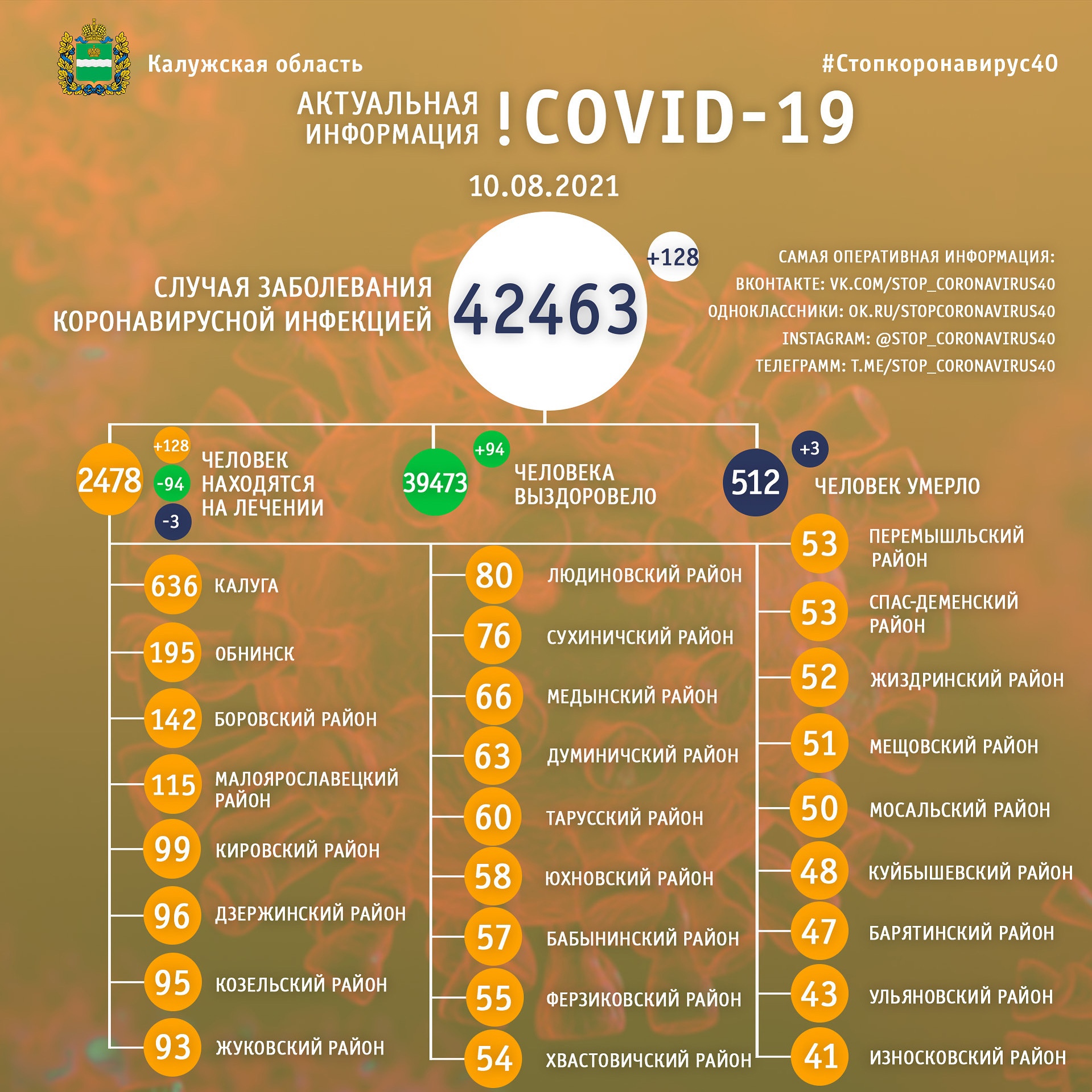 Официальная статистика по коронавирусу в Калужской области на 10 августа 2021 года.