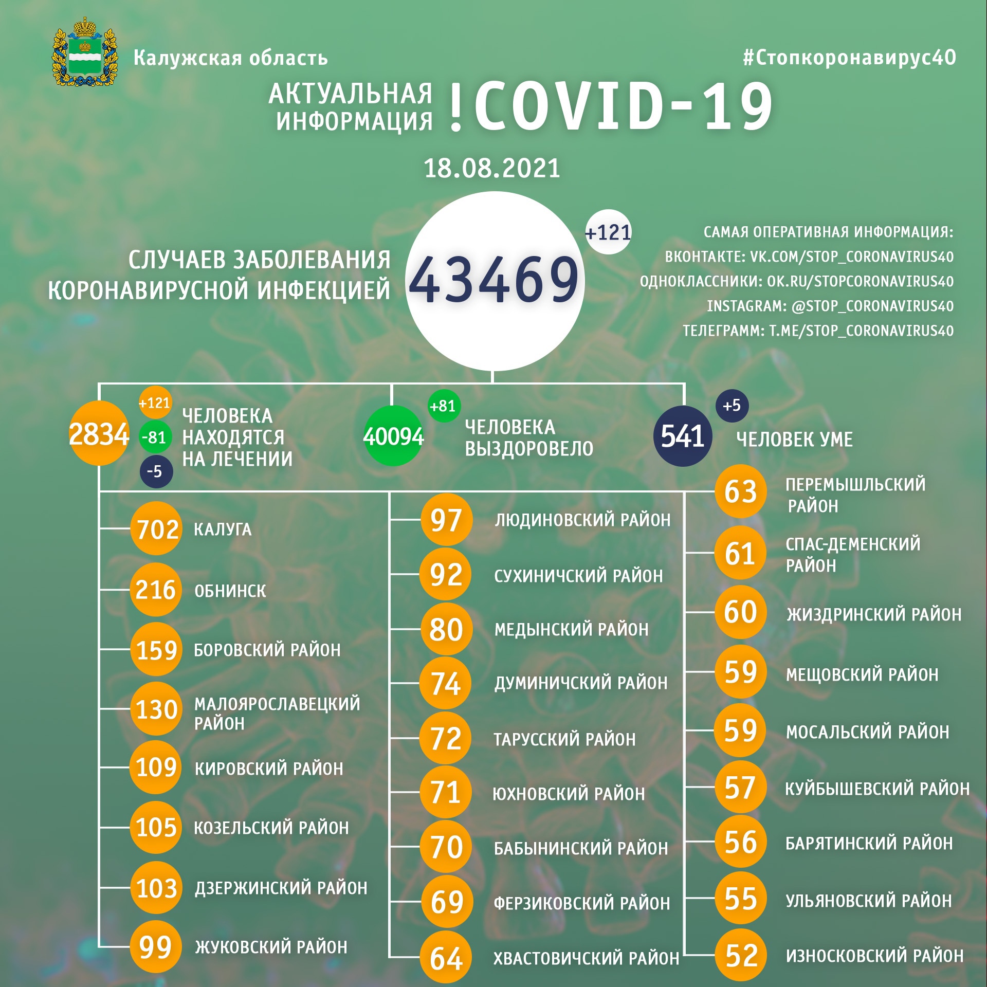 Официальная статистика по коронавирусу в Калужской области на 18 августа 2021 года.