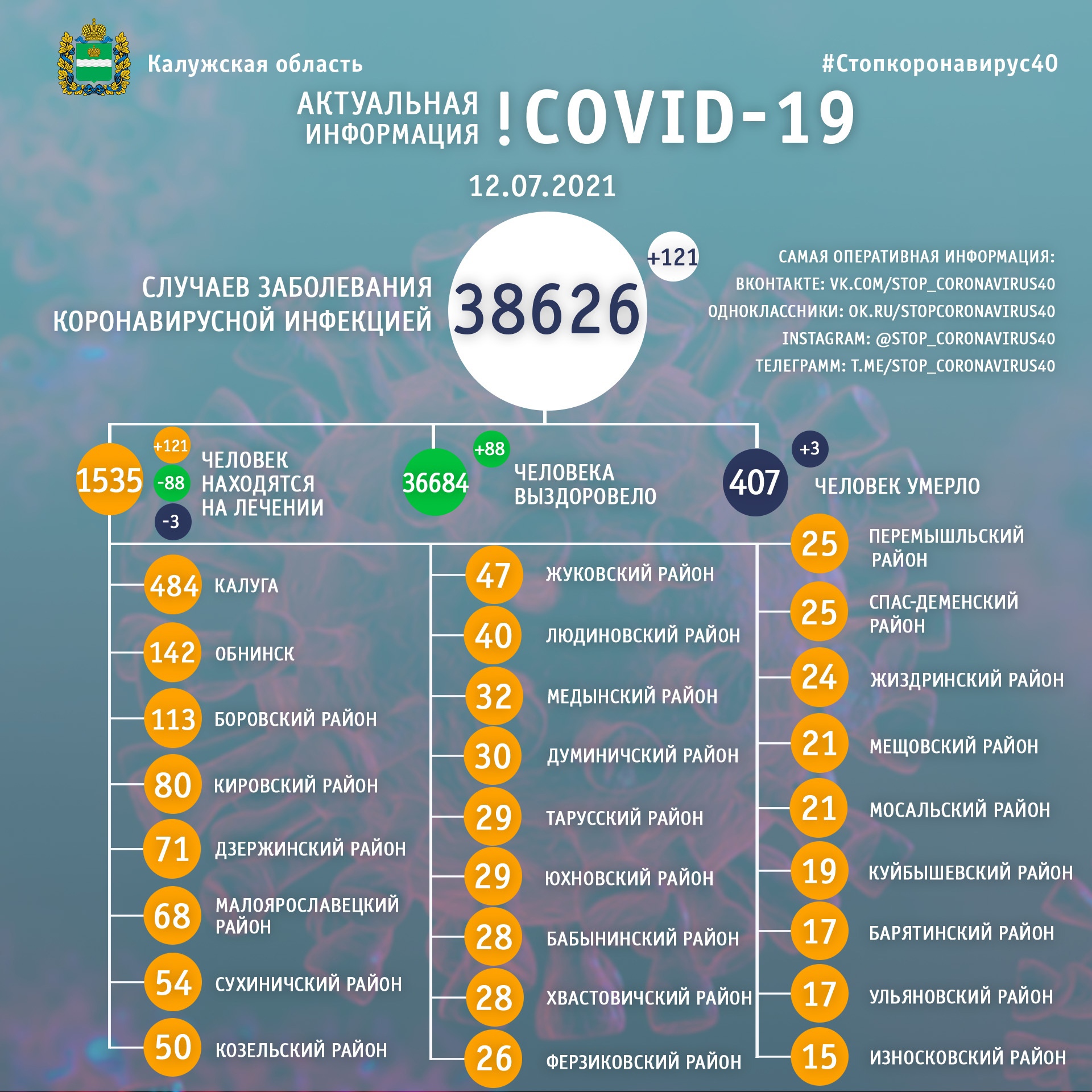 Официальная статистика по коронавирусу в Калужской области на 12 июля 2021 года.