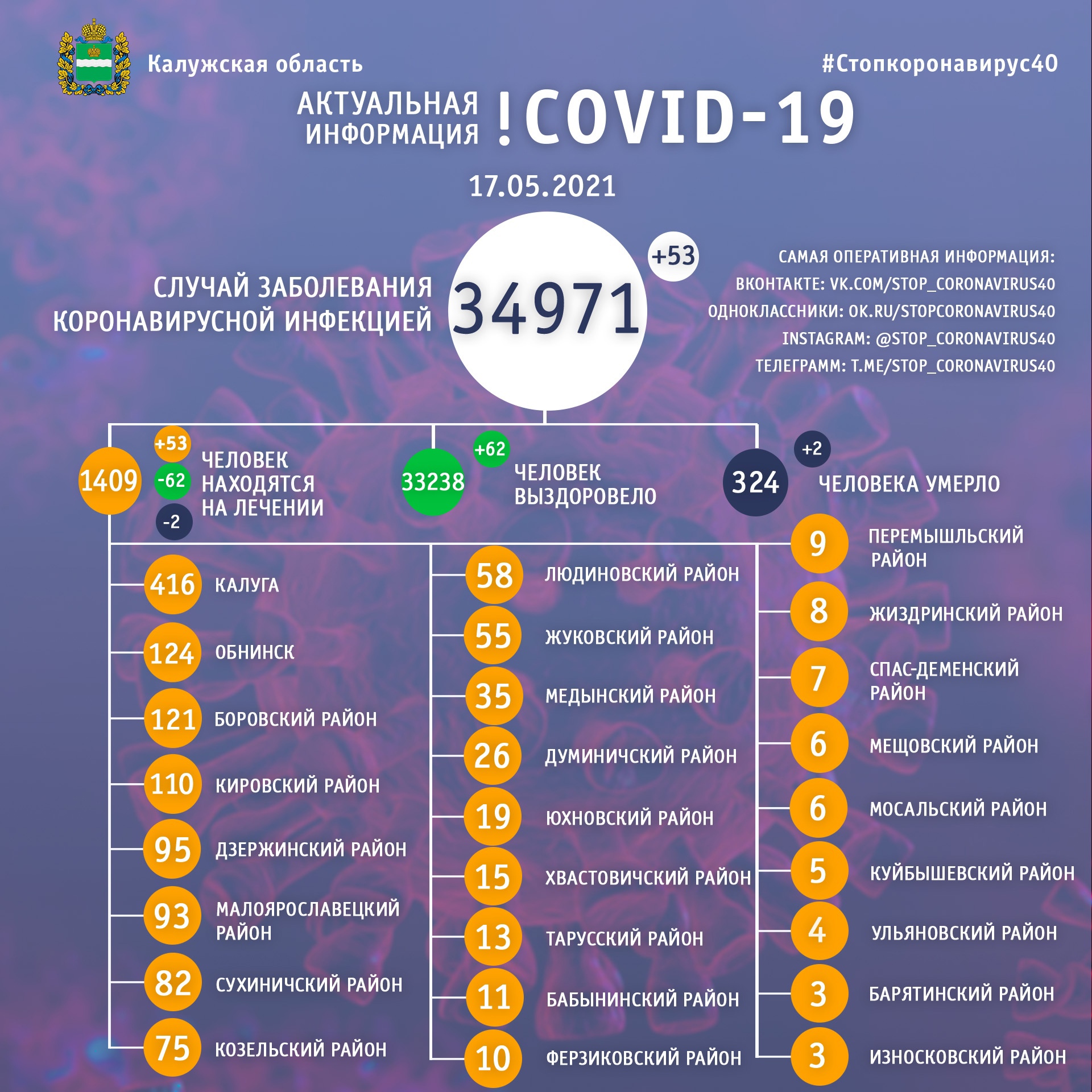 Официальная статистика по коронавирусу в Калужской области на 17 мая 2021 года.