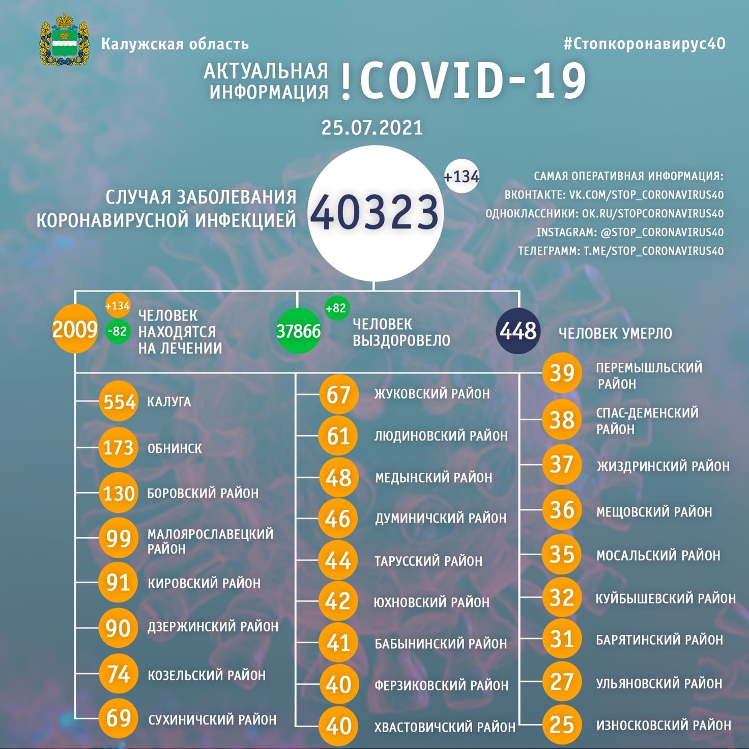 Официальная статистика по коронавирусу в Калужской области на 25 июля 2021 года.