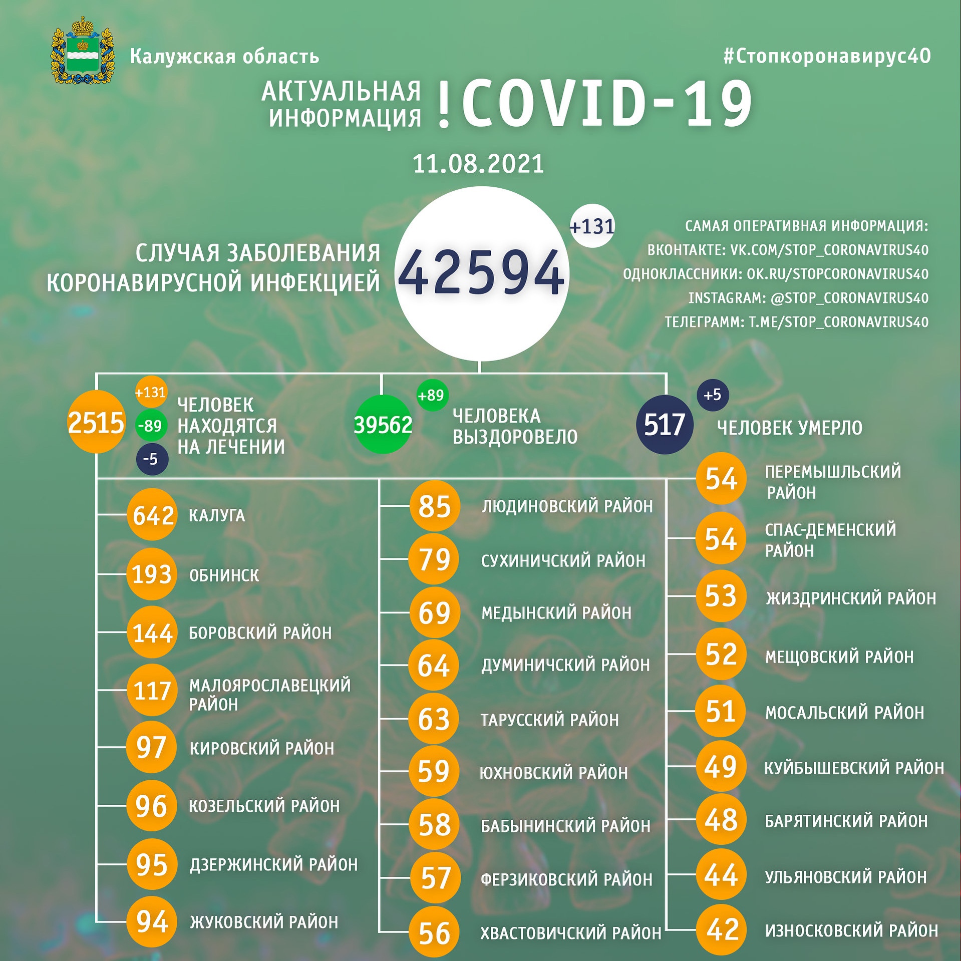Официальная статистика по коронавирусу в Калужской области на 11 августа 2021 года.