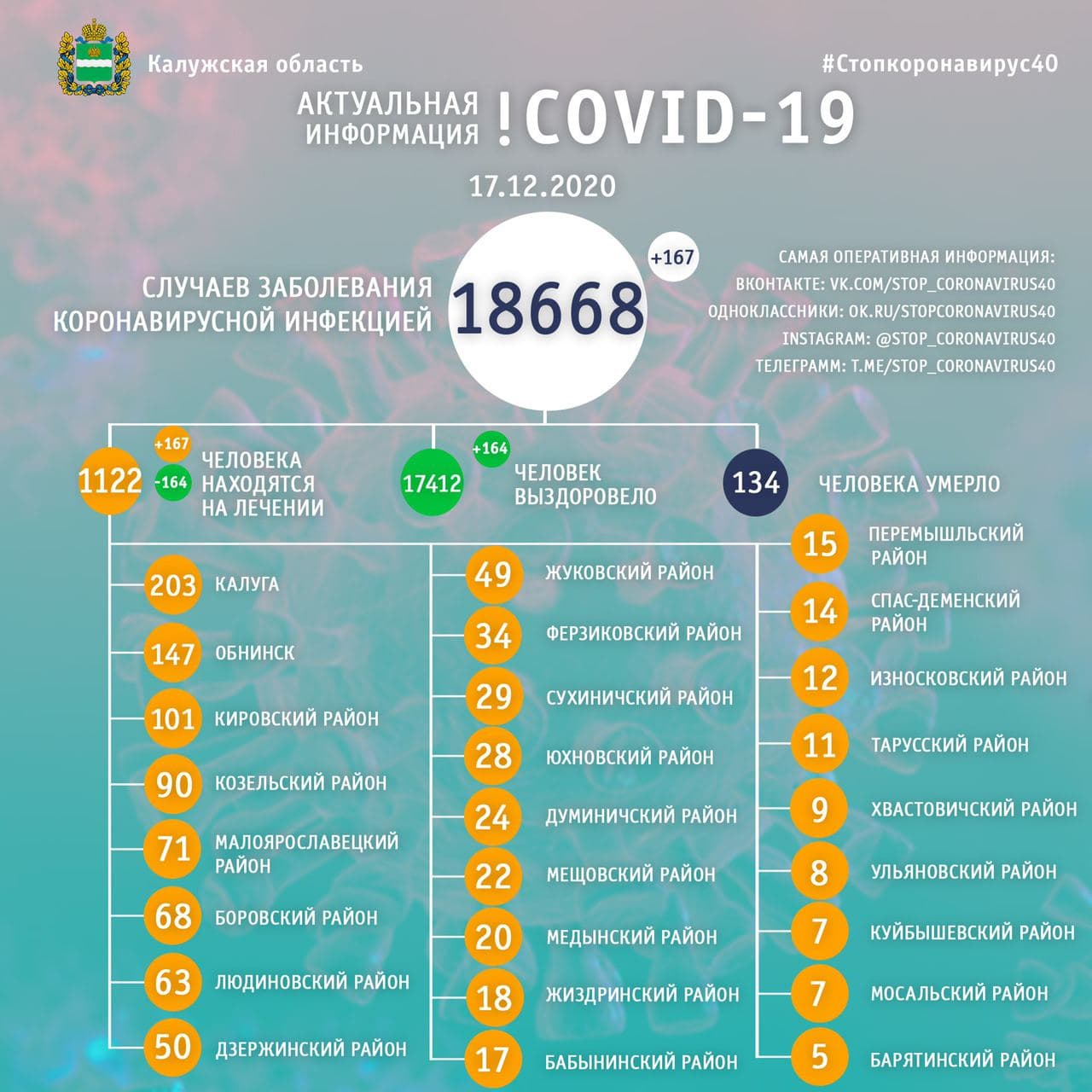  Официальная статистика по коронавирусу в Калужской области на 17 декабря 2020 года.