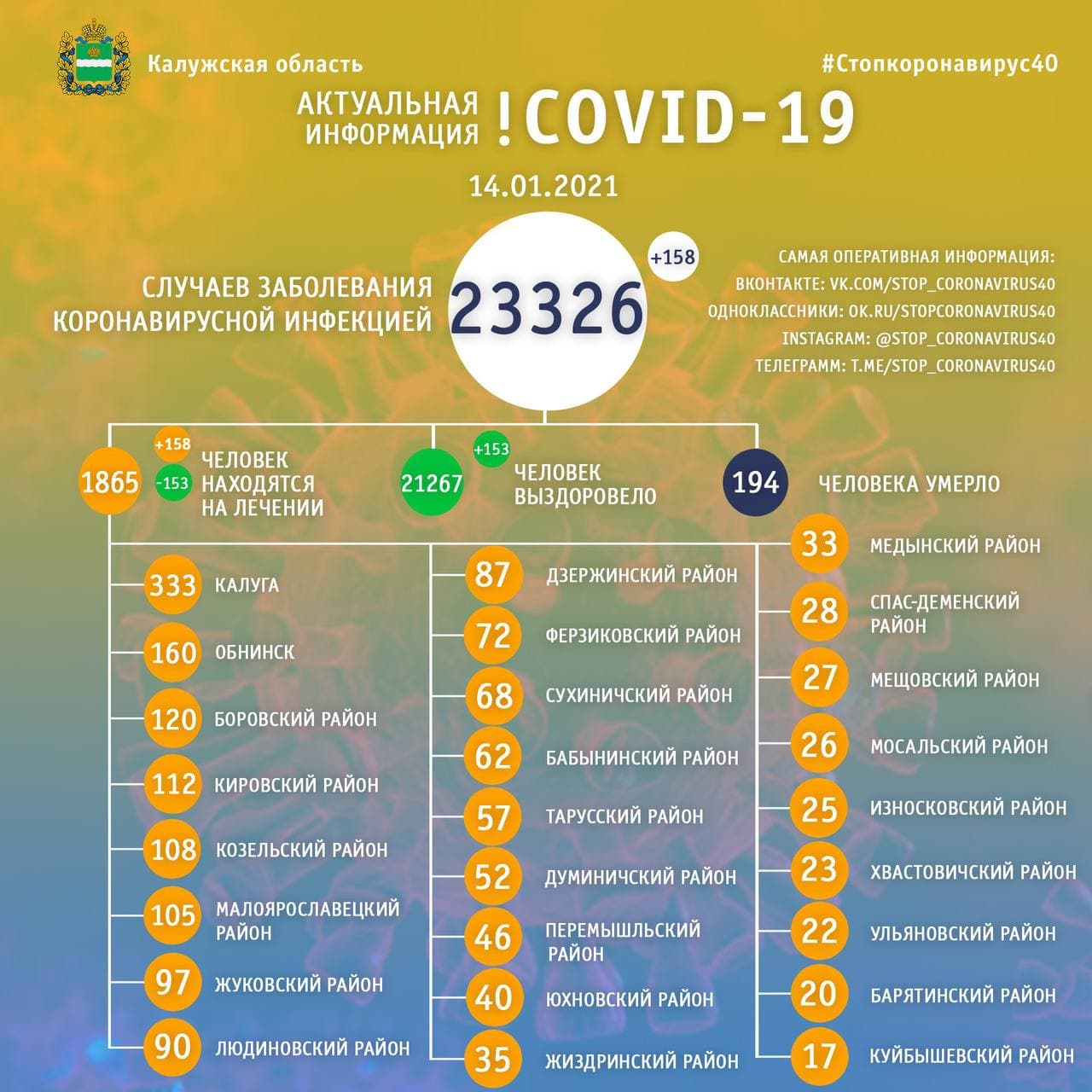 Официальная статистика по коронавирусу в Калужской области на 14 января 2021 года.
