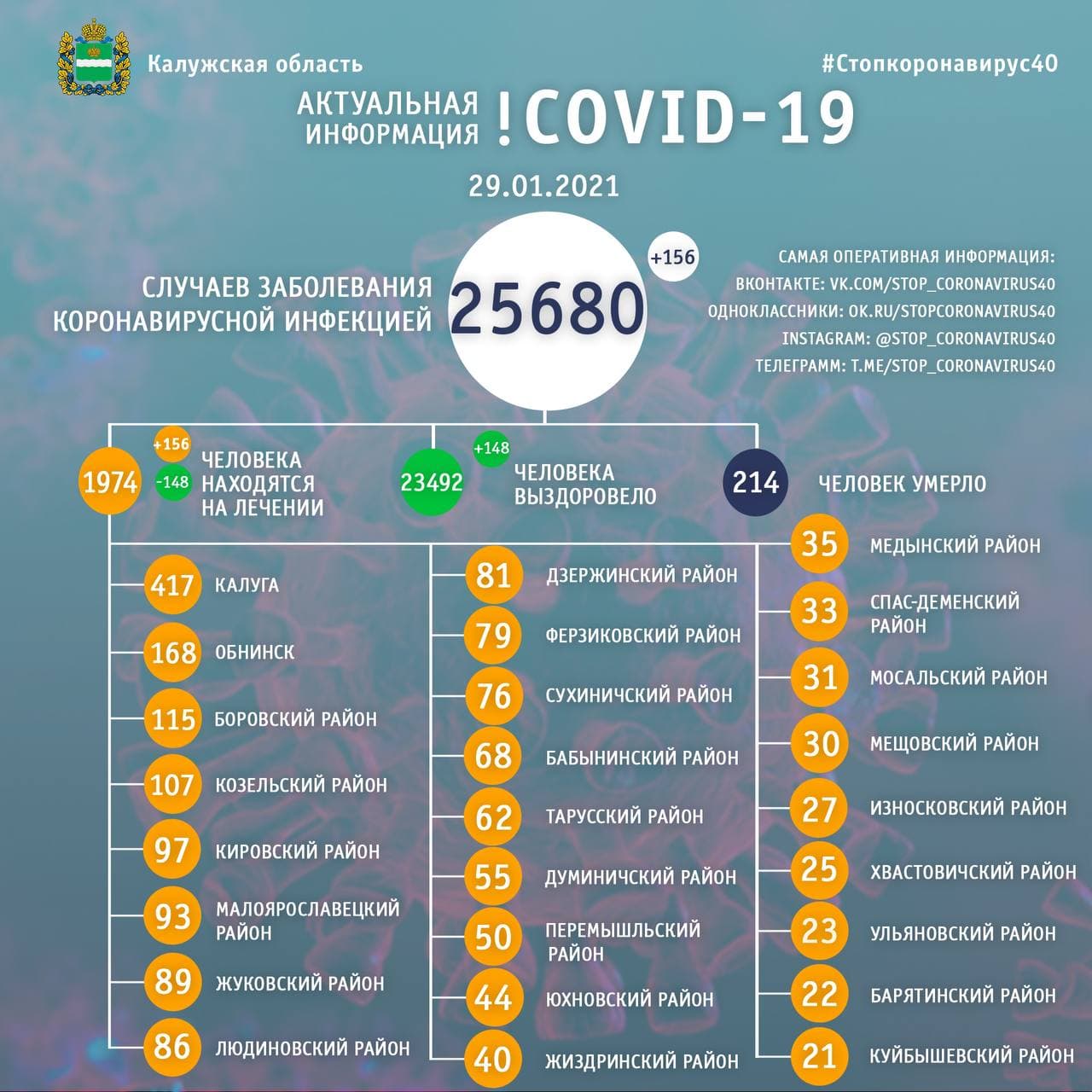 Официальные данные по коронавирусу в Калужской области на 29 января 2021 года.