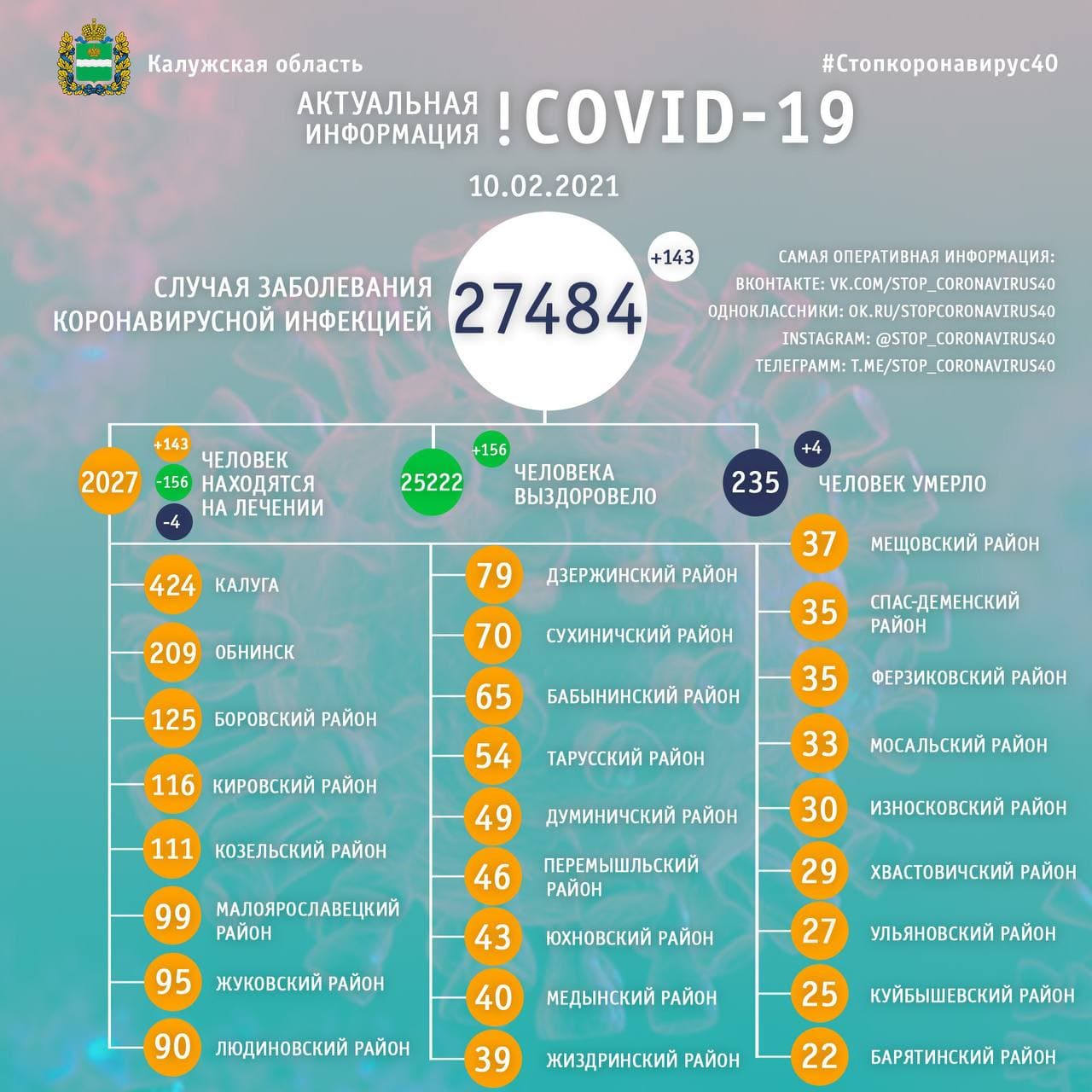 Официальные данные по коронавирусу в Калужской области на 10 февраля 2021 года.