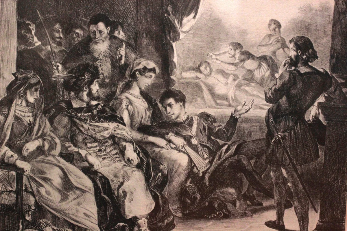  «Игра в игре» по трагедии «Гамлет» Шекспира. Литография 1913 года, с рисунка 1835 года.  