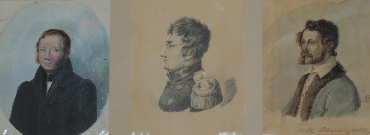 Портреты Евгения Оболенского, Гавриила Батенькова и Петра Свистунова.