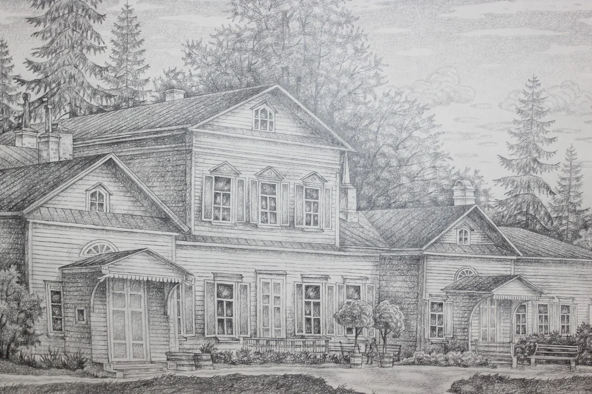 Валентин Денискин «Главный Дом усадьбы Мамонтова» из серии «Абрамцево». Присмотритесь: вся работа состоит из кружочков.  