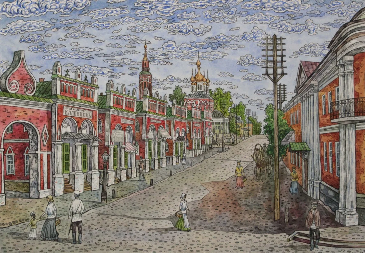 «Старая Калуга. Гостиные ряды». Монотипия, акварель.