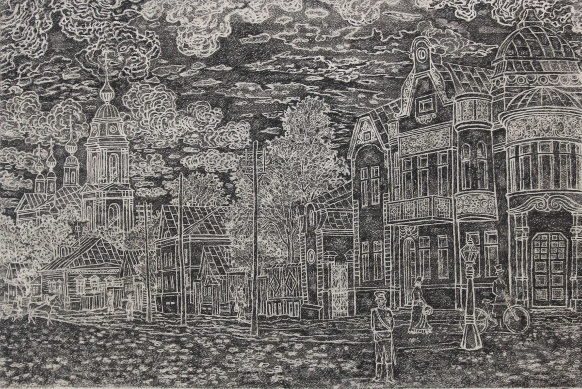 «Старая Калуга. Старичков переулок». Монотипия, карандаш.