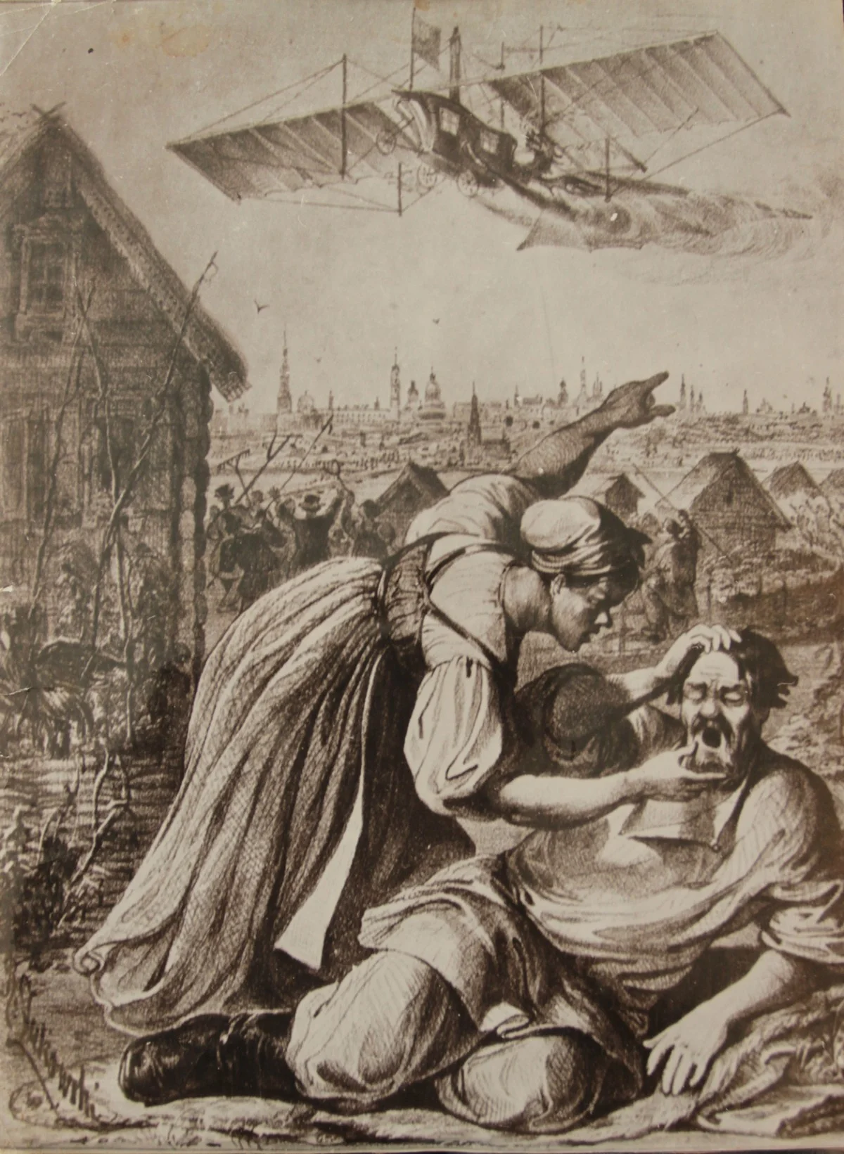 Литография 1843 года «Возвращение воздухоплавательной машины» из Бомбая через Калугу в Лондон»: «Митрофан, а Митрофанушка, полно-ть спать. Погляди, что за чудо летит».