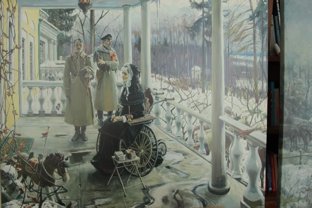 Павел Рыженко, часть триптиха «Реквием», 2010 год. Это реквием по старой жизни. Один из сыновей пожилой женщины — белый офицер, второй стал красным командиром. Но оба они приходят к матери за благословением. На столике — их письма: оба брата воевали в Первую мировую. (На первой картине триптиха слуга везет эту старую женщину в коляске и читает ей письма сыновей с фронта). В углу — лошадка, символ их общего детства. Внизу — старый слуга, который собрал в дорогу обоим корзинку с пирожками. На следующей картине триптиха один из сыновей, красный командир, возвращается в усадьбу спустя много лет, когда уже нет ни матери, ни слуги, ни брата.
