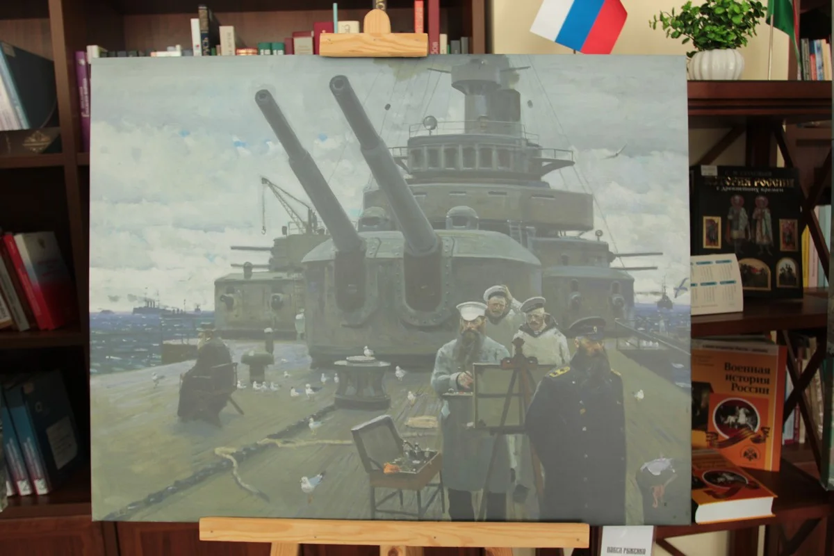 «Последний поход. 2013 год. Русско-японская война» - здесь Рыженко изобразил художника Верещагина, который погиб при взрыве броненосца «Петропавловск». 