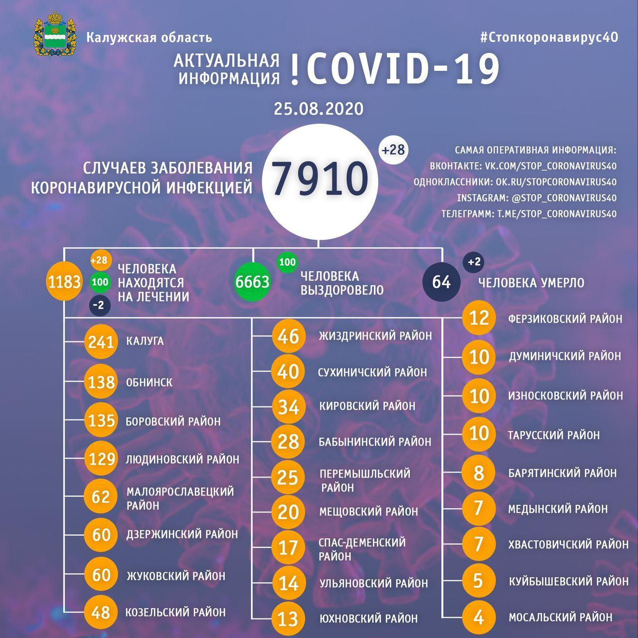 Коронавирус в Калужской области статистика 25 августа 2020 года