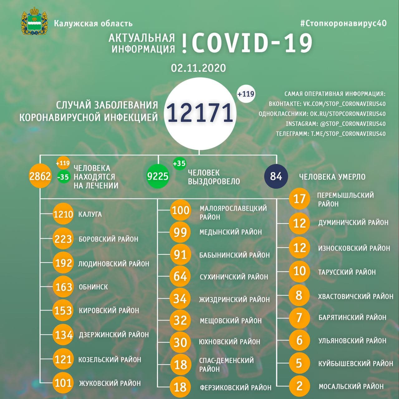 Официальные данные по коронавирусу в Калужской области на 2 ноября 2020 года.