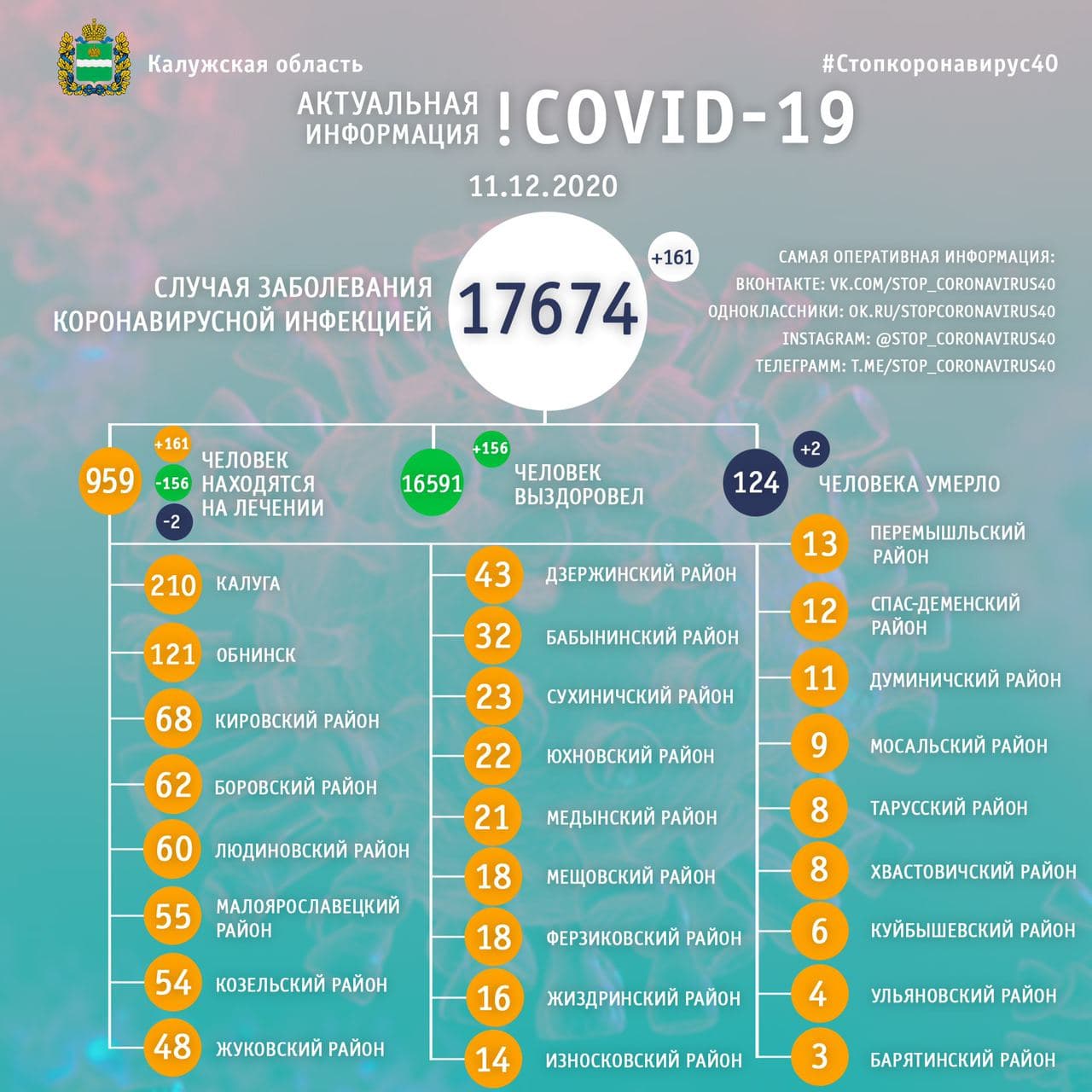 Официальная статистика по коронавирусу в Калужской области на 11 декабря 2020 года.